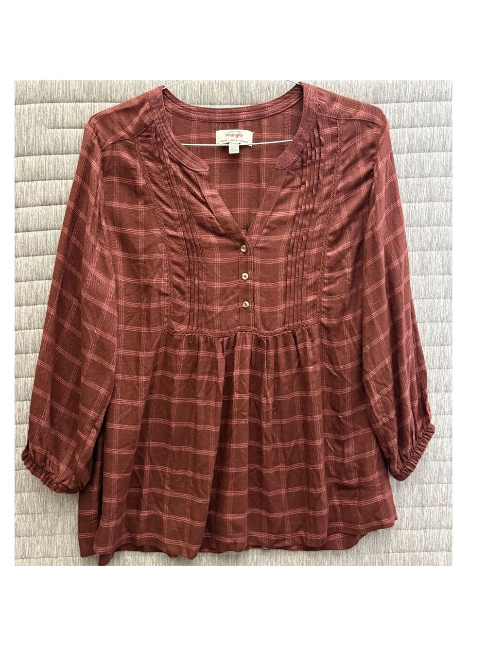 Wrangler Women's Burgundy Plaid Peasant Button-Up Blouse Size Large